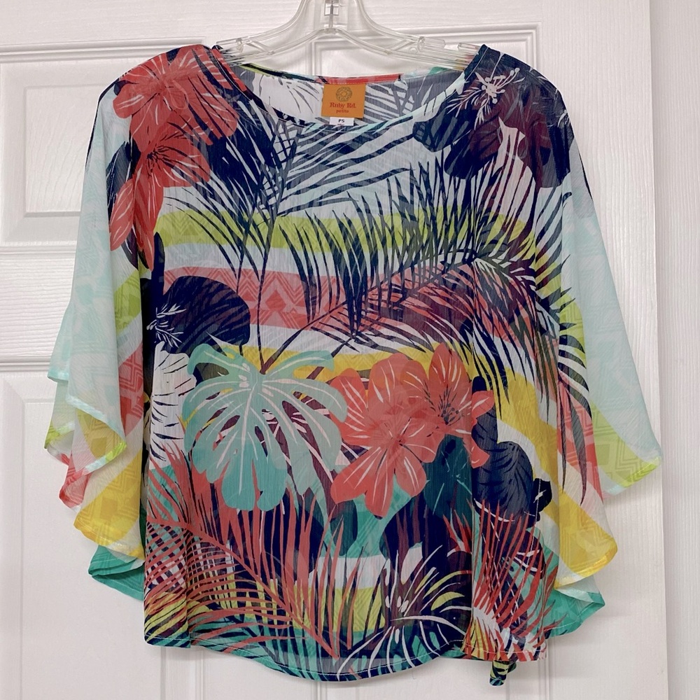 Ruby Rd Tropical Floral Colorful Print Sheer Cape Sz Small Petite
